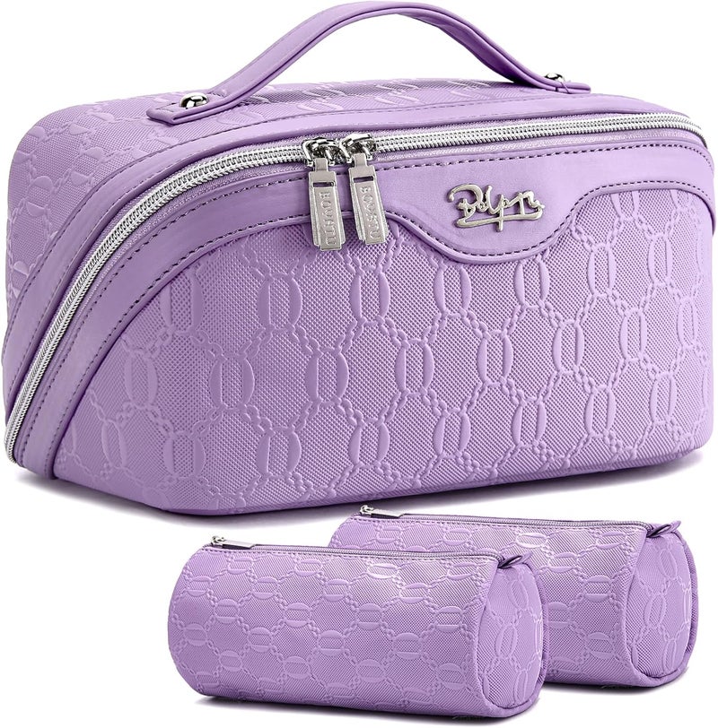 BOYATU Travel Makeup Bag for Women: Cosmetic Organizer Bag with Compartments - Leather Make up Bags Set of 3 (G-1-Purple) - Image 1